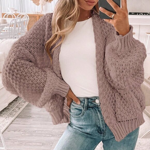 Sweaters - Khaki Casual Women's Dropped Shoulder Long Sleeve Hollow Out Loose Cardigan